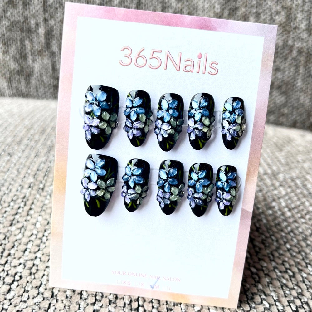 365nails: "Midnight Bloom" – 3D Floral Handmade Long Coffin Nails