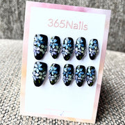 365nails: "Midnight Bloom" – 3D Floral Handmade Long Coffin Nails