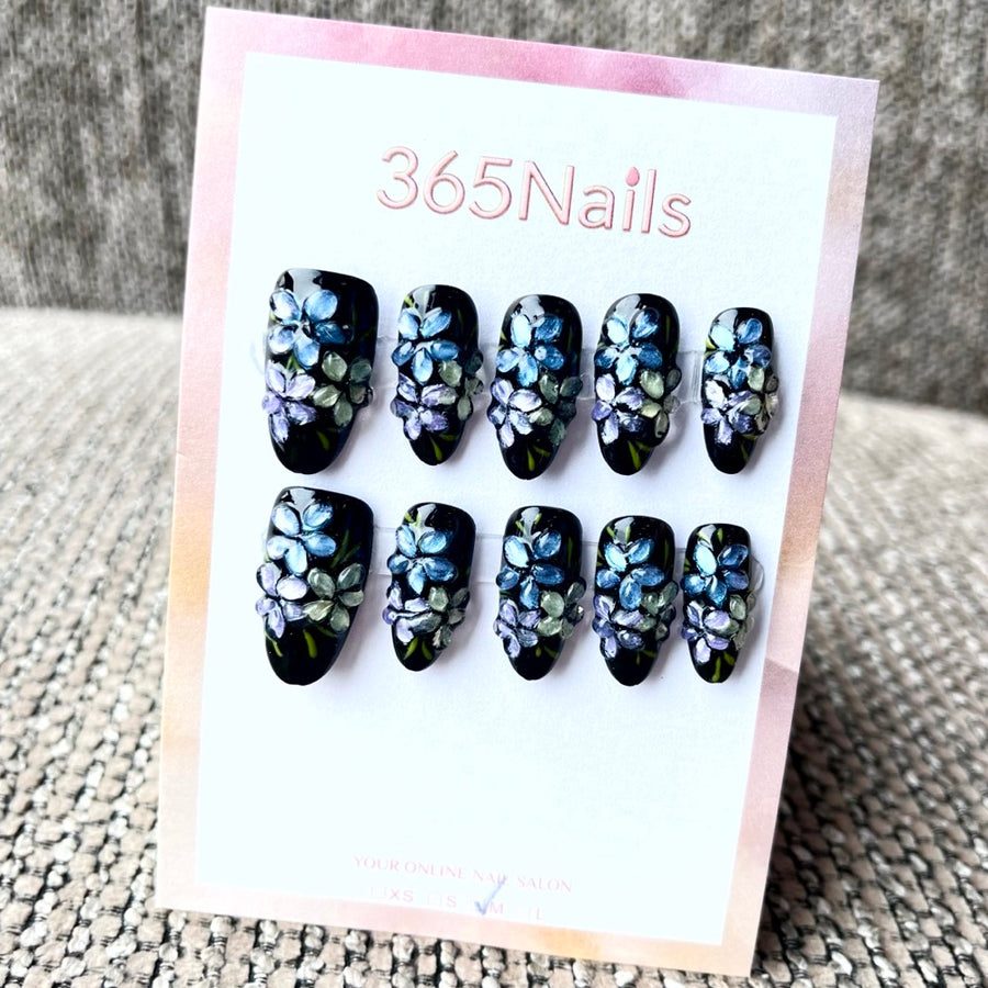 365nails: "Midnight Bloom" – 3D Floral Handmade Long Coffin Nails