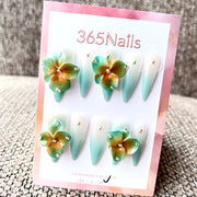 365nails: "Tropical Breeze" – 3D 꽃 장식 수제 스틸레토형 네일
