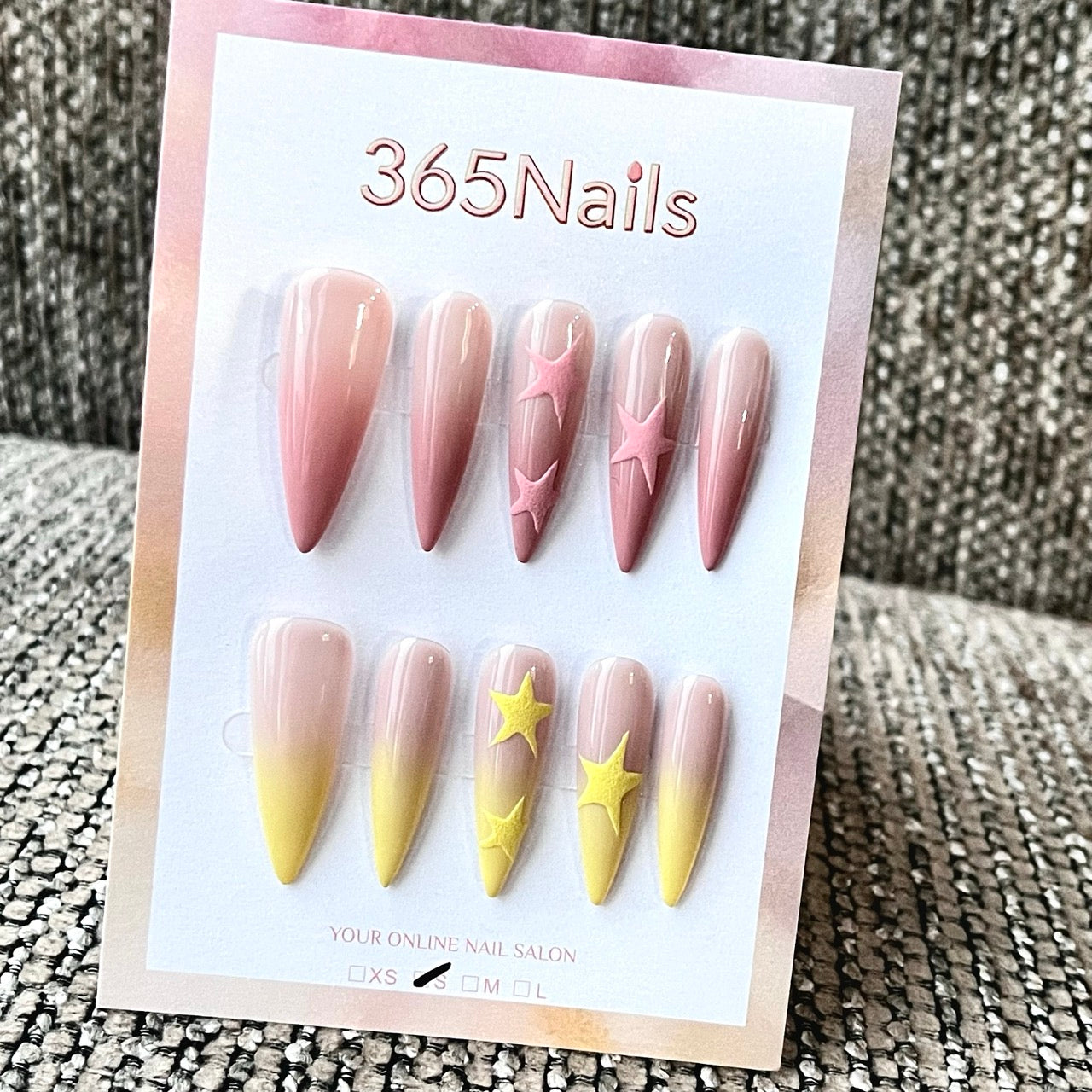 Pink & Yellow Ombre Star Charm Almond Press-On Nails
