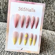 Pink & Yellow Ombre Star Charm Almond Press-On Nails