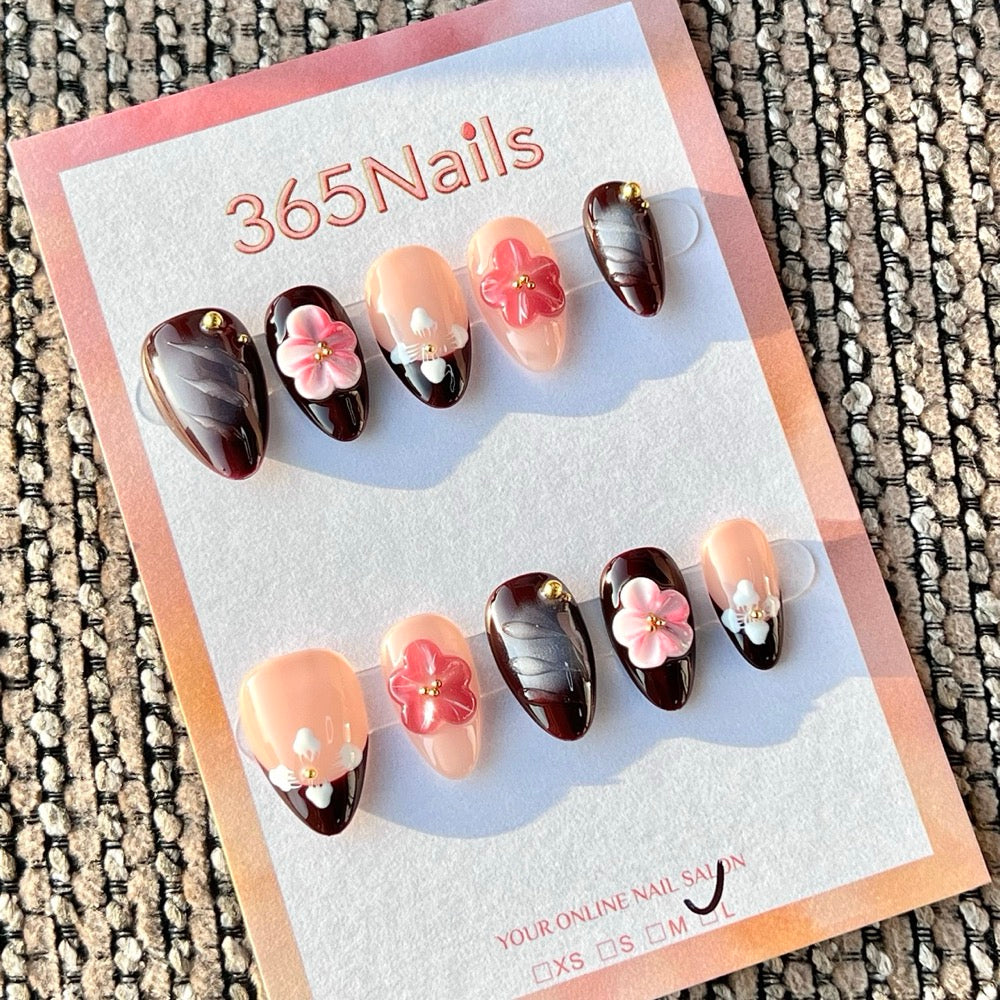 365nails: 3D 누드 브라운 플라워 웨이브 수제 미디엄 스틸레토형 프레스온 네일