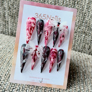 365nails: "Bloody Mesh Bow Grunge" – 3D Gauze Bow Handmade Long Stiletto Nails