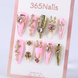Pink and white French style with metal heart and rhinestone bow  long pointed Press On Nail
