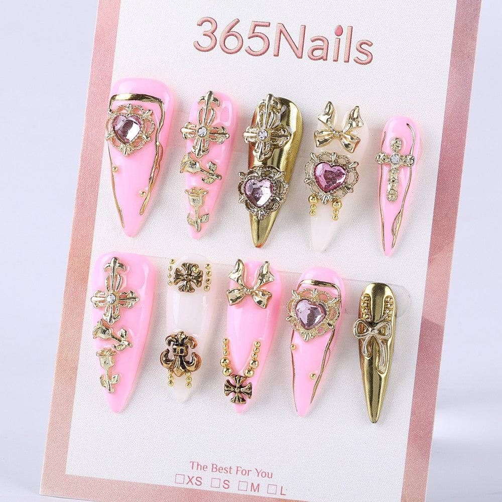 Pink and white French style with metal heart and rhinestone bow  long pointed Press On Nail