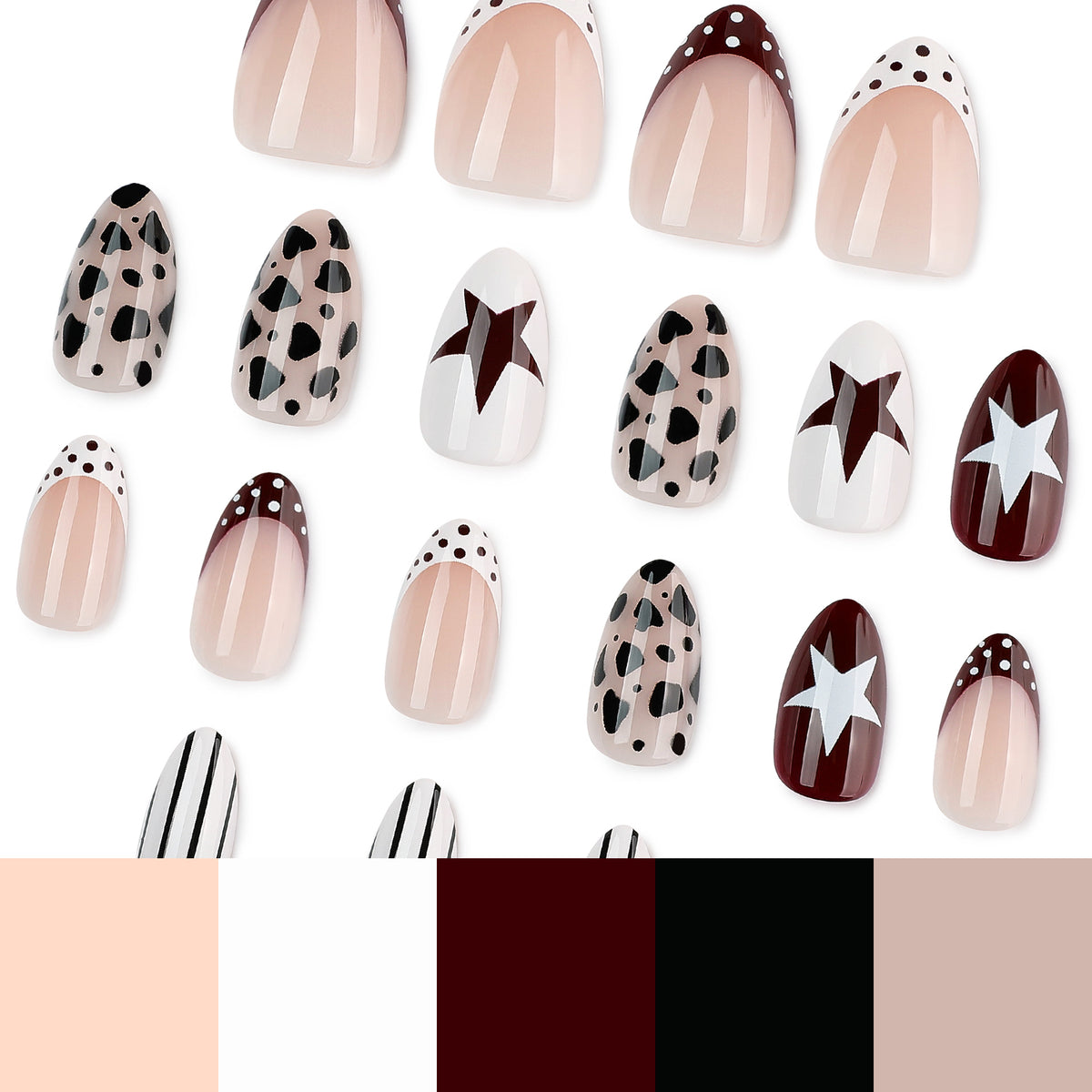 Multiple short almond press-on nail designs with leopard print, stars, stripes and color palette swatches.