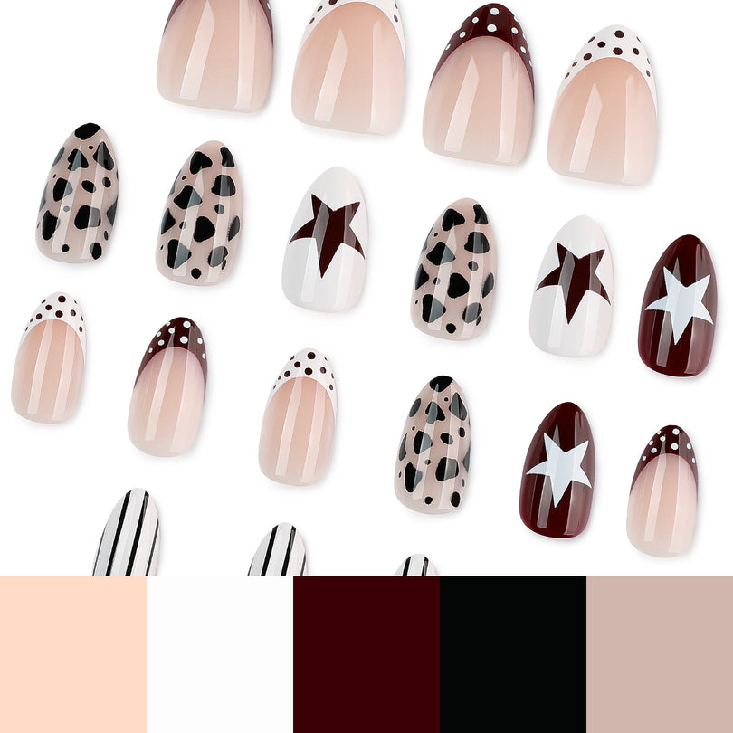 Multiple short almond press-on nail designs with leopard print, stars, stripes and color palette swatches.