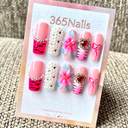 365nails: "핑크 오키드 & 펄" – 수제 미디엄 스퀘어형 프레스온 네일
