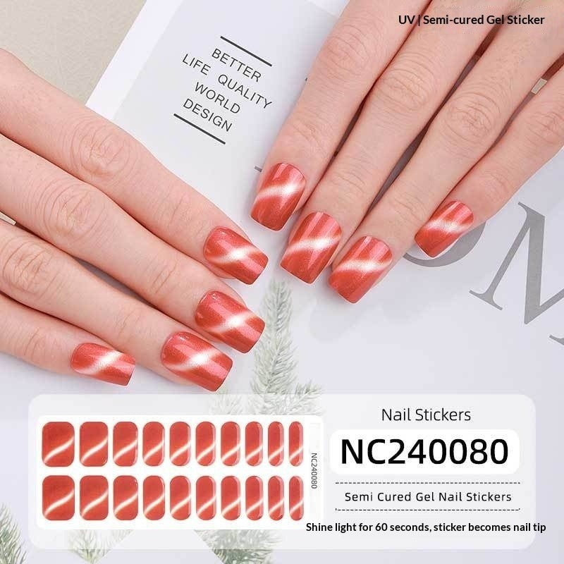 Semi-Cured Gel Nail Strips Sparkle Cat Eye Pearl Glossy Design (MOQ=3)