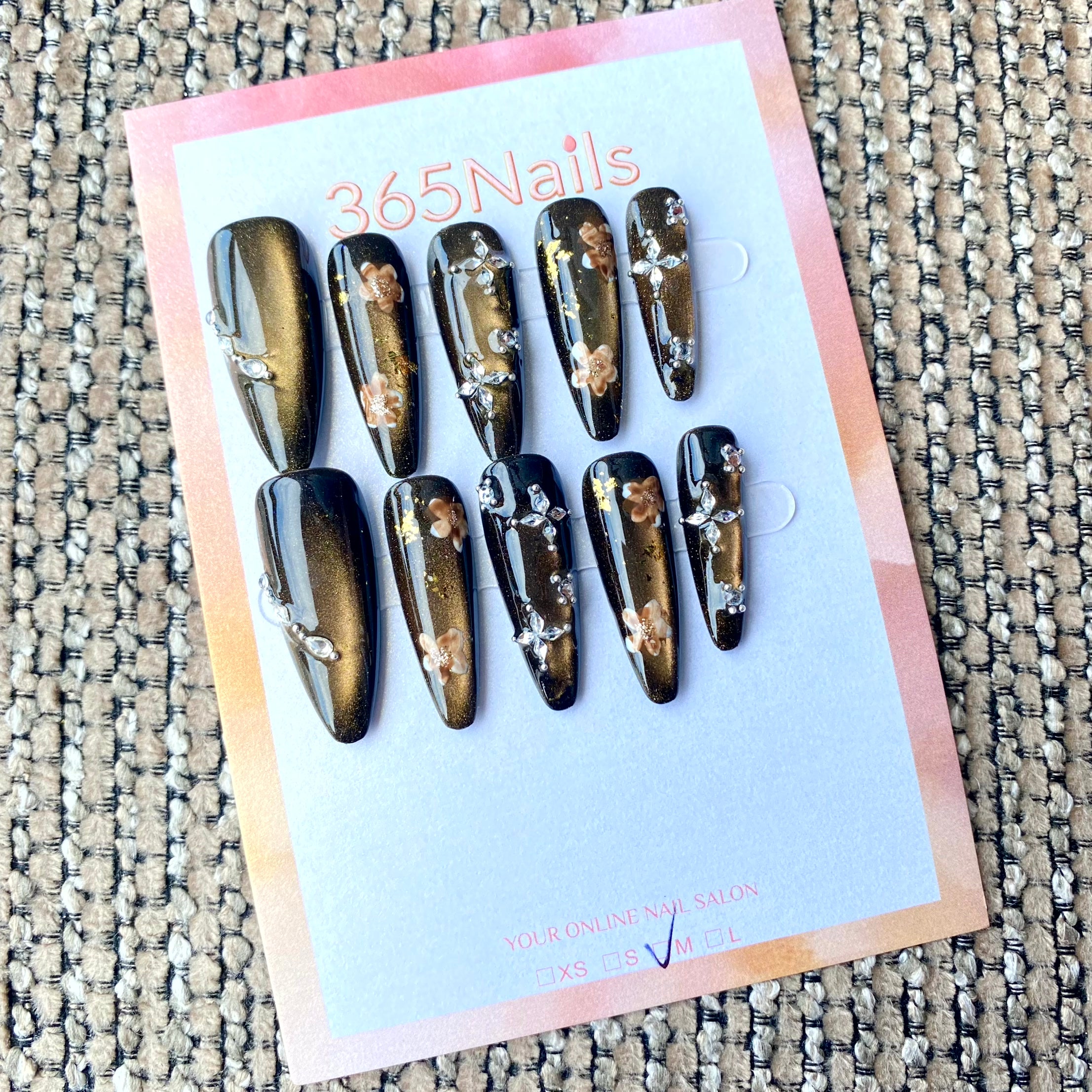 365nails: "Golden Night Bloom" – Floral Rhinestone Handmade Stiletto Nails