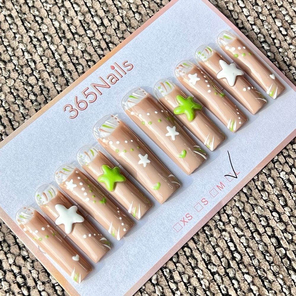 365nails: "Brown Green Star Ocean Beach Long" – Handmade Long Trapezoid Press-On Nails