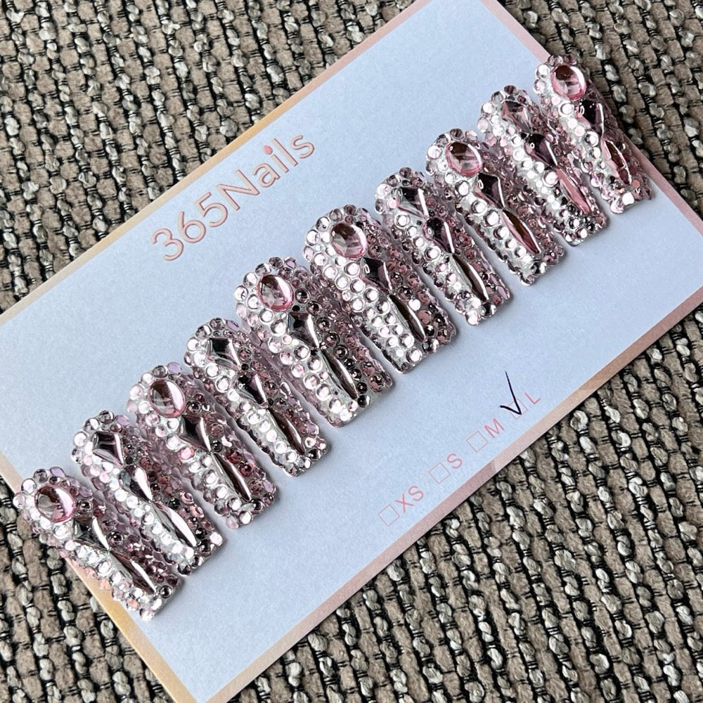 365nails: "Rose Gold Radiance" – ongles press-on fait main, forme coffin, cristaux 3D et strass