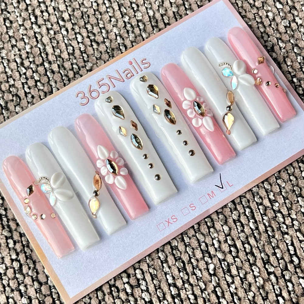 365nails: "Elegant Pink White Flower Rhinestone Long" – Unhas Postiças Longas Quadradas Cônicas Feitas à Mão