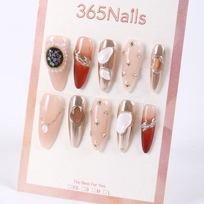 365Nails Nude Caramel Long Almond Press-On Nails with Chrome Accents and Pearl Charms