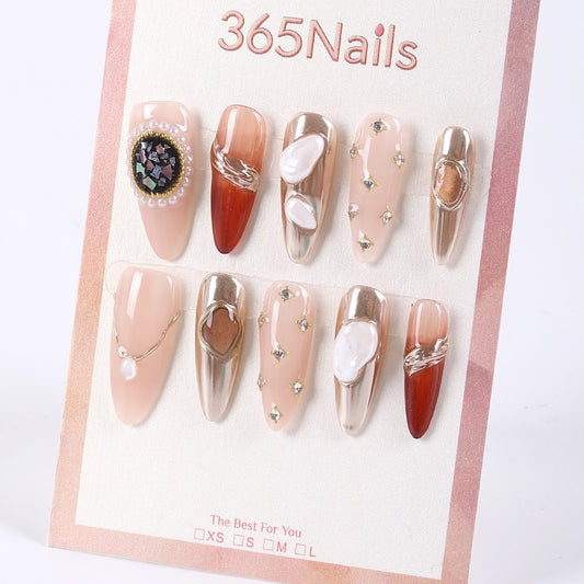 365Nails Nude Caramel Long Almond Press-On Nails with Chrome Accents and Pearl Charms
