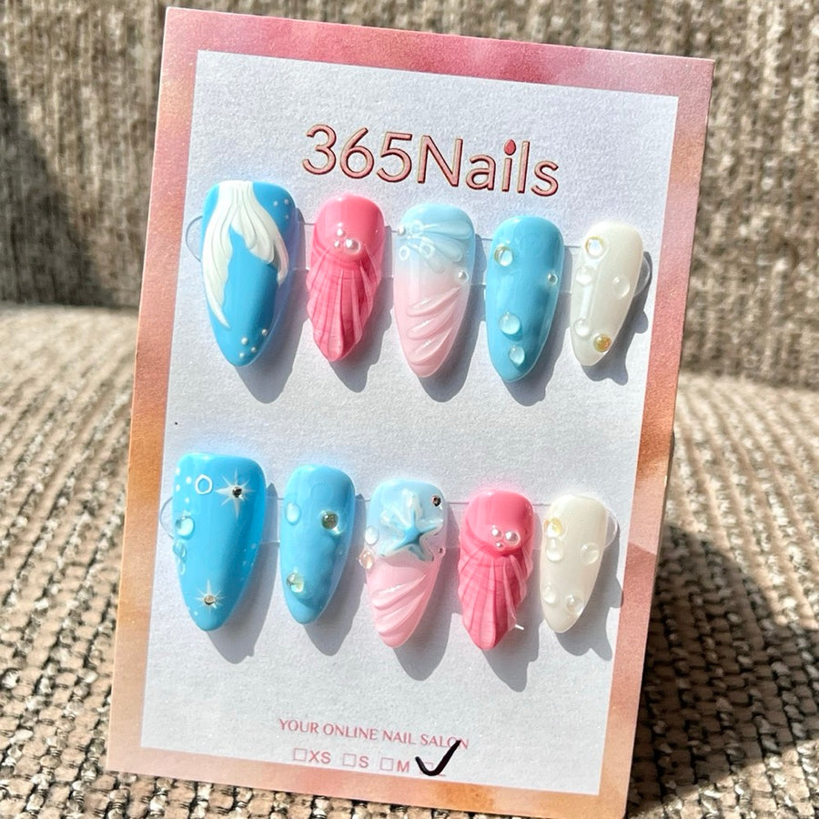 365nails 파스텔 블루 핑크 3D 오션 믹스 수제 미디엄 스틸레토형 프레스온 네일
