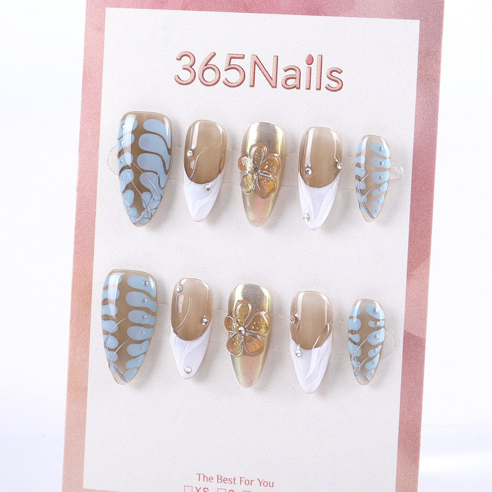 Blue and Gold Geometric Press-On Nails with Metallic Flower Details