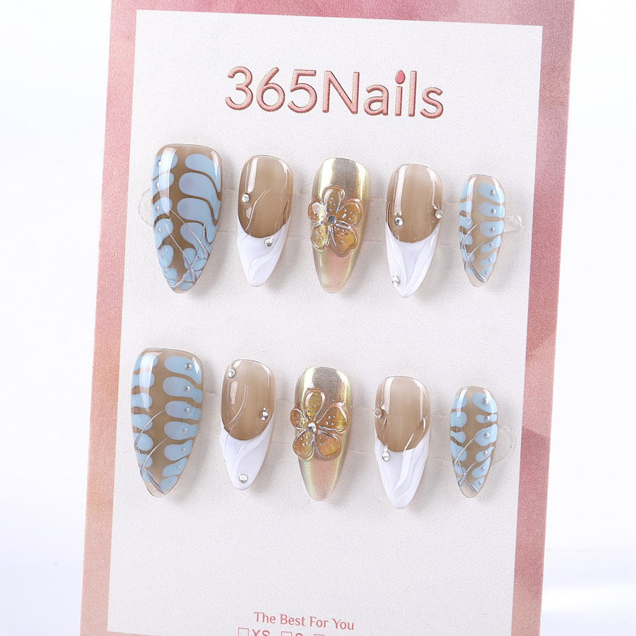 Blue and Gold Geometric Press-On Nails with Metallic Flower Details ( MOQ=5pcs )