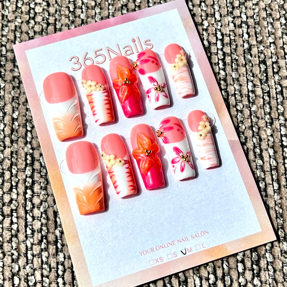 365nails: "Sunset Garden French" – Handmade Medium Square Press-On Nails