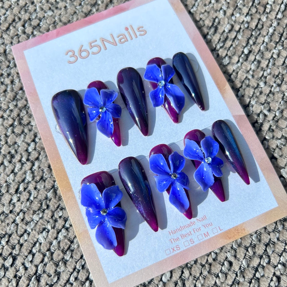 Sculpted Flora: 「午夜藍蘭」—3D 皇家藍蘭花搭配銀河貓眼 尖形 穿戴甲