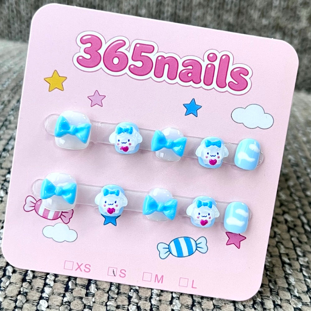 365nails: "Blueberry Bow Dream" – 3D Bow & Character Handmade Short Square Nails