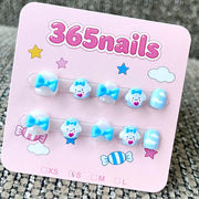 365nails: "Blueberry Bow Dream" – 3D Bow & Character Handmade Short Square Nails
