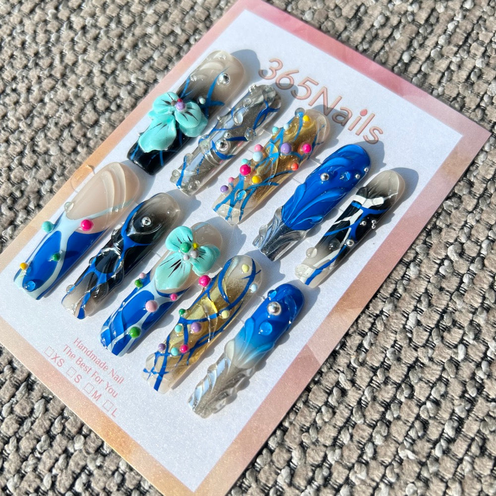 Handmade "Cyber Garden" Mint & Cobalt Blue Press-on Nails | Abstract Lines & 3D Bow | Long Coffin | 10pcs Set
