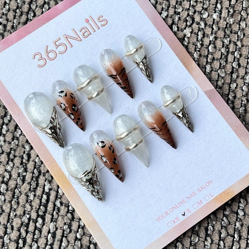 White Glitter & Brown Leopard Stiletto Press-On Nails with 3D Charms