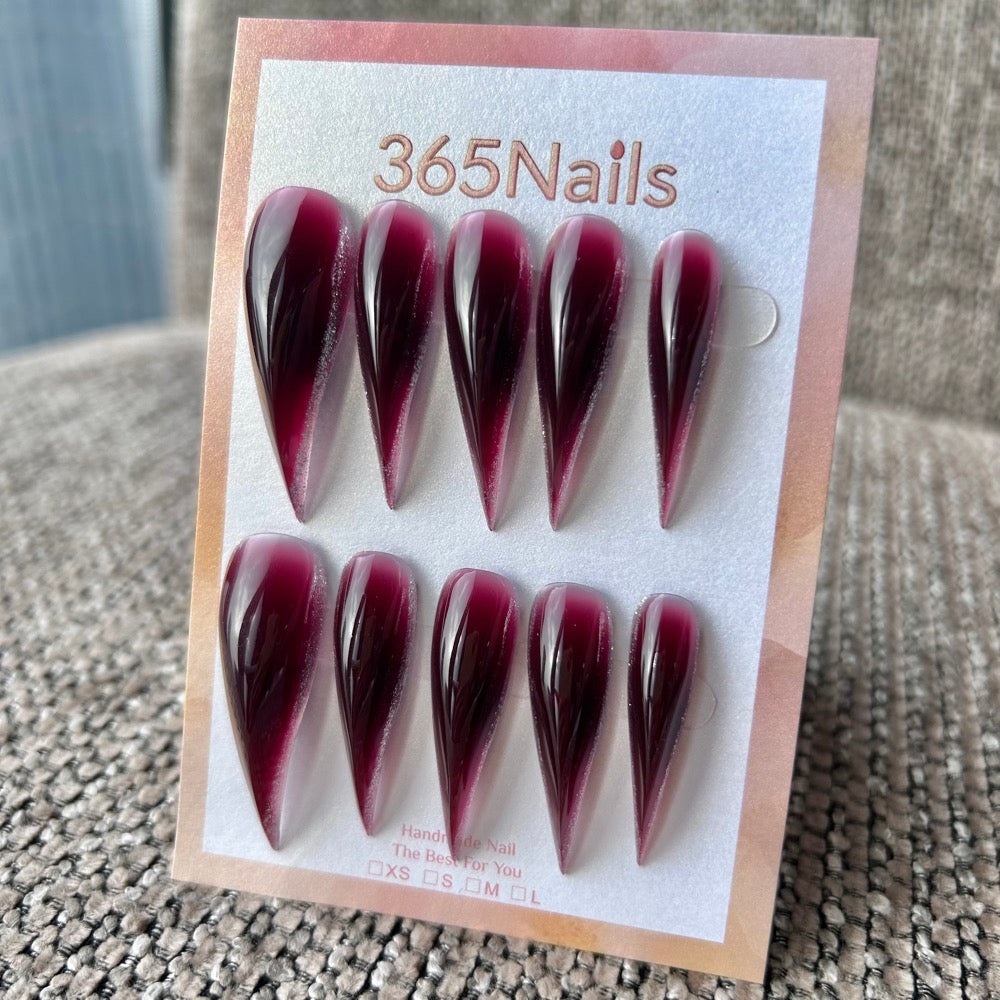 Black Cherry Wine Dragon Claw Stiletto Press On Nails｜Sheer Deep Wine Red Jelly｜365Nails Premium Handmade Dragon Series