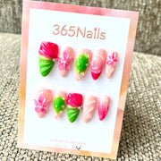 365nails ‘트로피컬 브리즈’ 3D 플로럴 & 리프 수제 아몬드형 네일