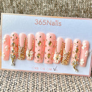 365nails: "Pink Gold Flower Rhinestone Long" – Handmade Long Trapezoid Press-On Nails