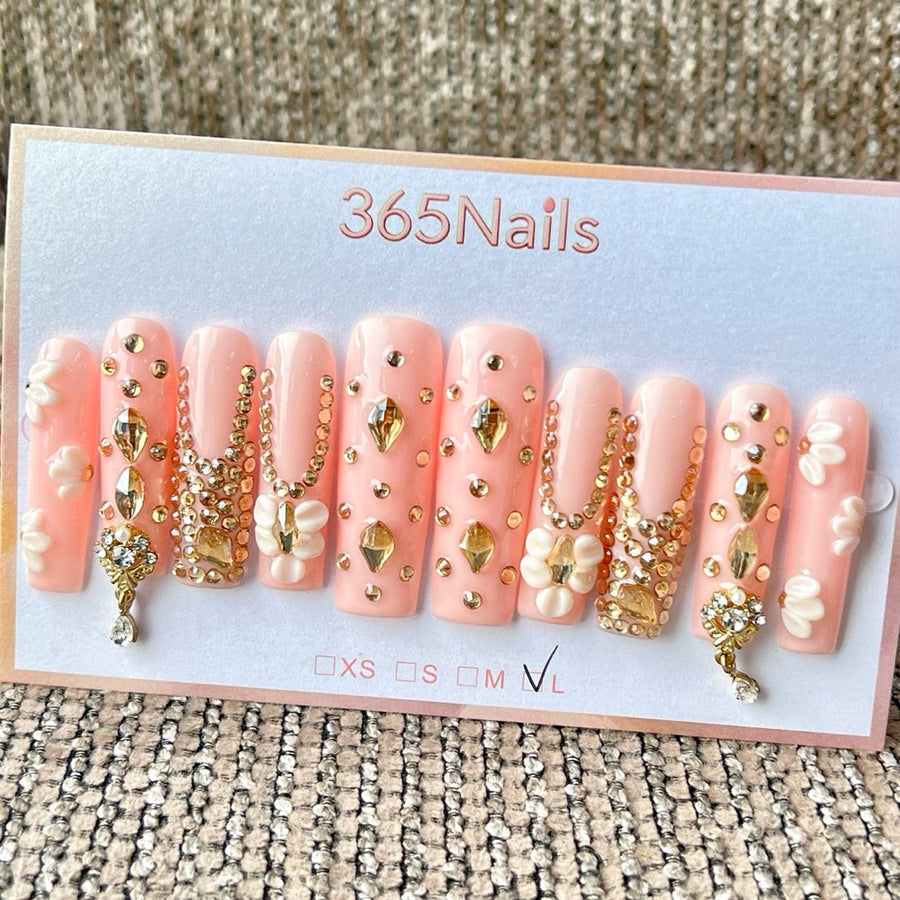 365nails 핑크 골드 꽃 라인스톤 롱 수제 사다리꼴형 프레스온 네일