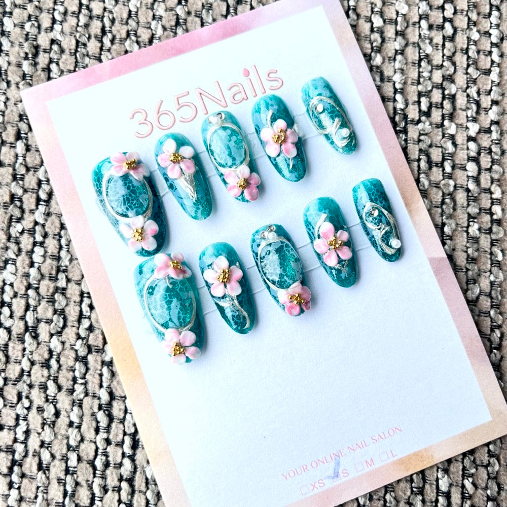 365nails: "Jade Garden" – 3D Floral Handmade Long Coffin Nails