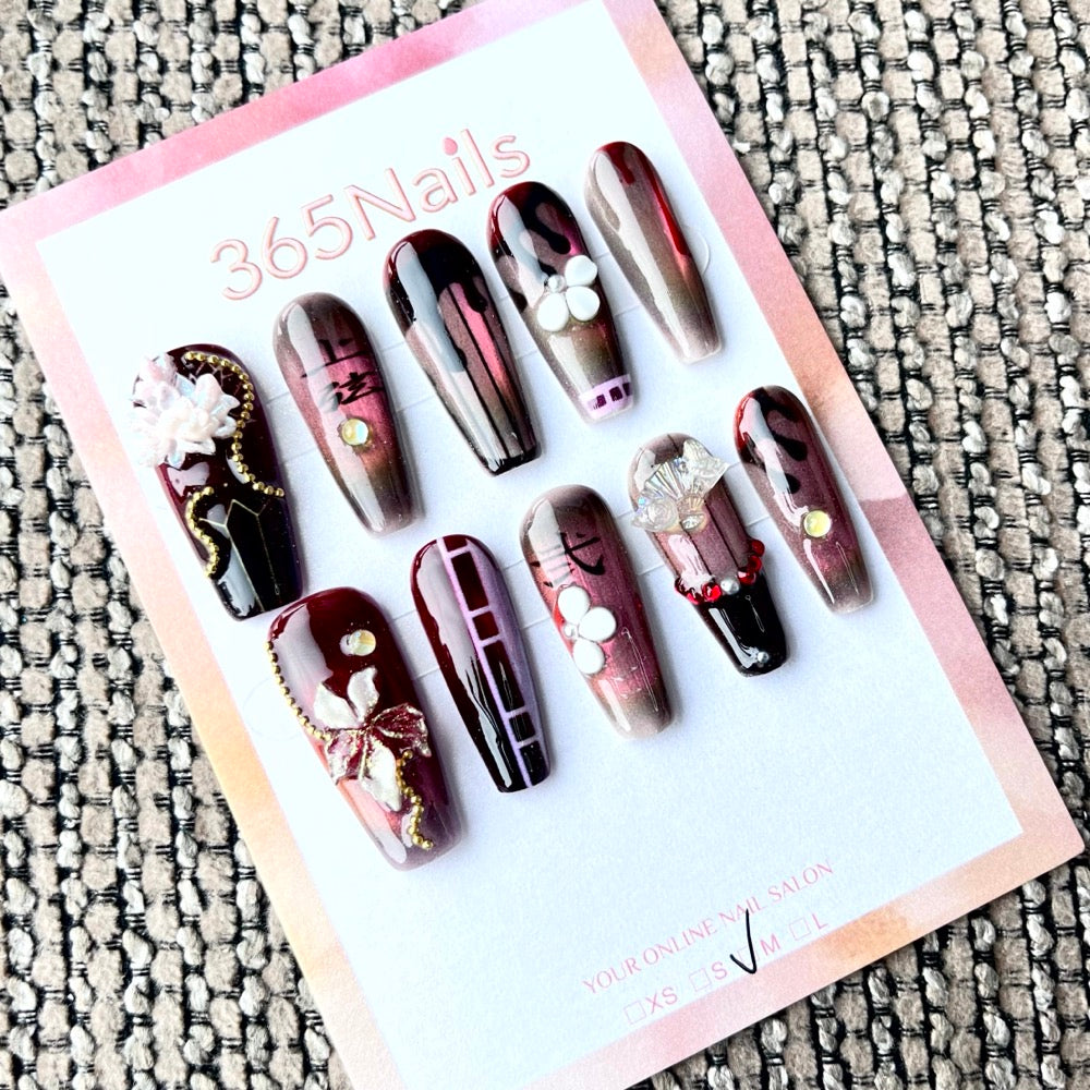 365nails: "Demon Slayer Muzan Kibutsuji Inspired" – Handmade Medium Trapezoid Press-On Nails