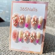 Sculpted Flora: "Morning Dew Blossom" – 3D Floral & Water Drop Gradient Long Oval Nails