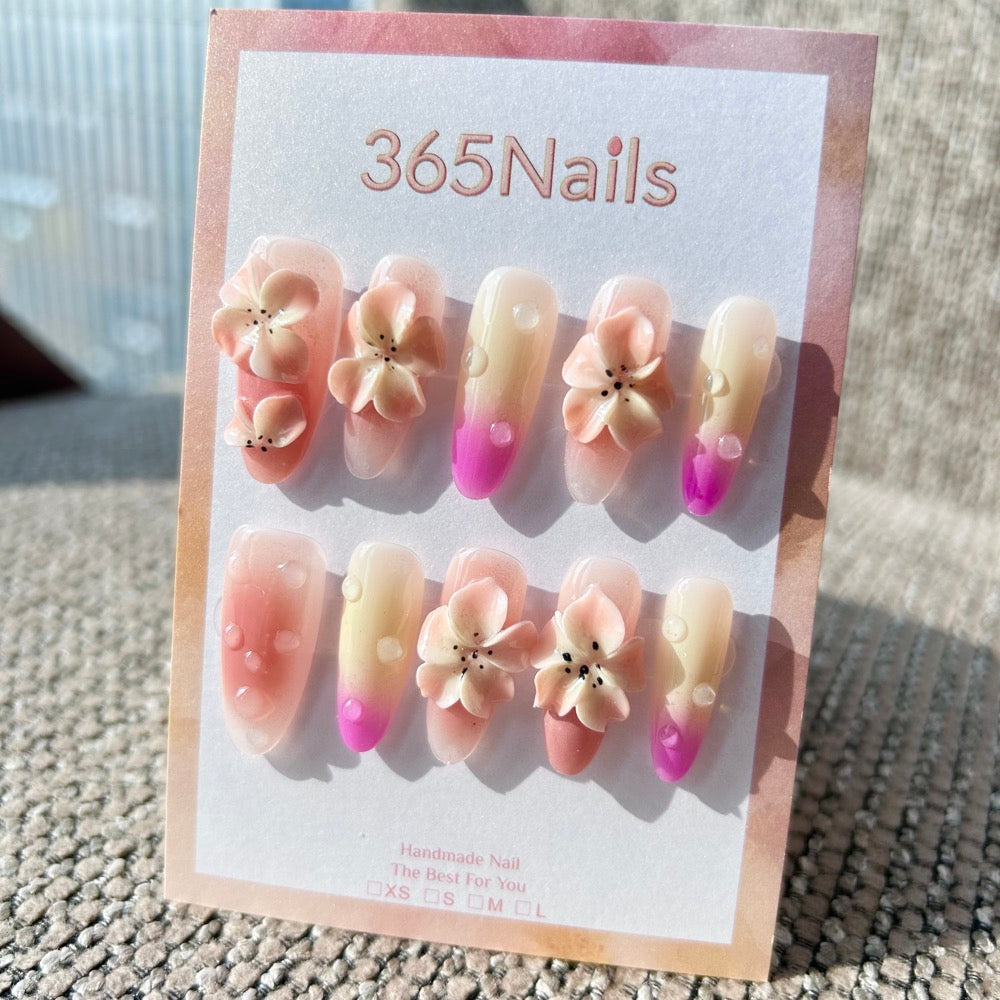 Sculpted Flora: "Morning Dew Blossom" – 3D Floral & Water Drop Gradient Long Oval Nails