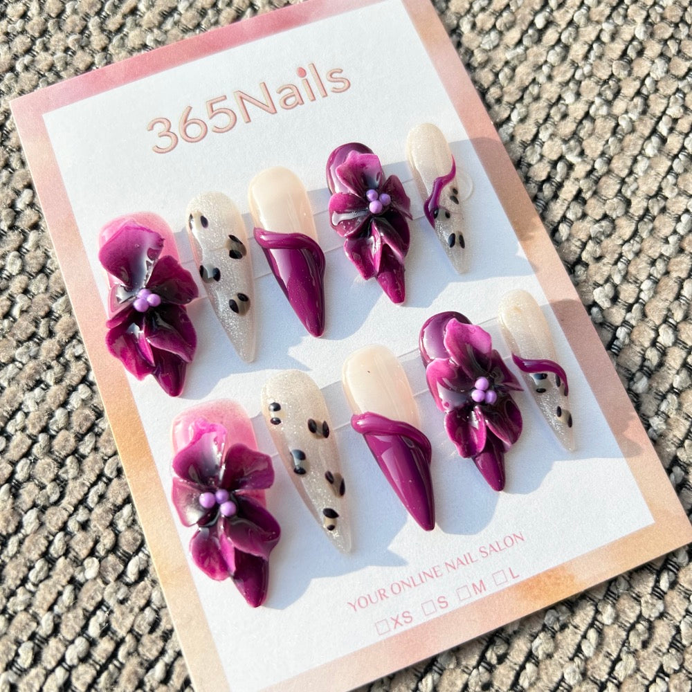 Sculpted Flora: "Wild Plum & Leopard" – 3D Deep Magenta Flowers with Abstract Animal Print & Sculpted Swirls