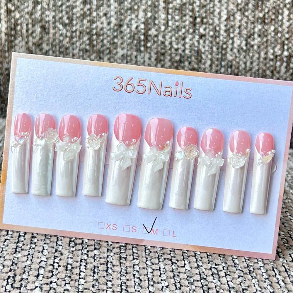 365nails: 「新娘低語」 – 3D 花卉法式 手工製 長款方形穿戴甲