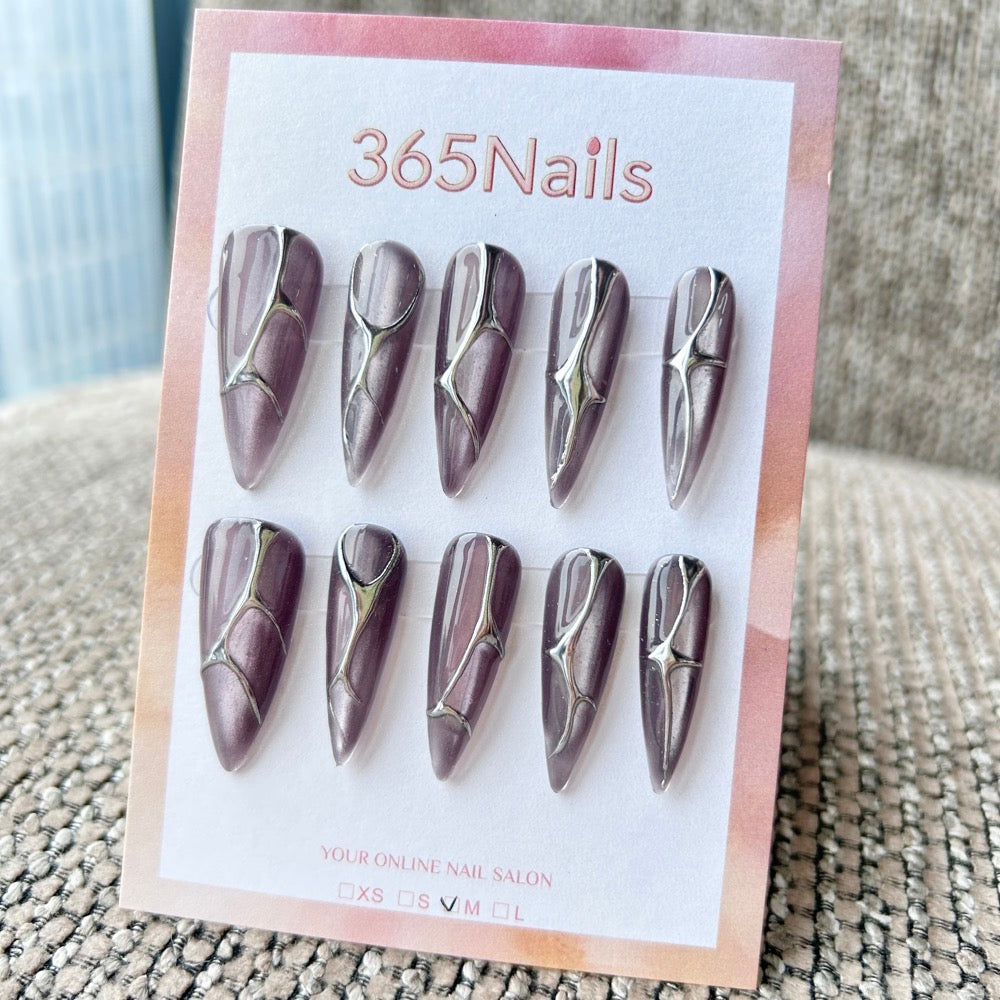 Femme Fatale: "Cyber Mercury" – Dusty Purple Cat Eye with 3D Liquid Silver Chrome Lines Long Stiletto Nails