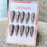 Femme Fatale: "Cyber Mercury" – Dusty Purple Cat Eye with 3D Liquid Silver Chrome Lines Long Stiletto Nails