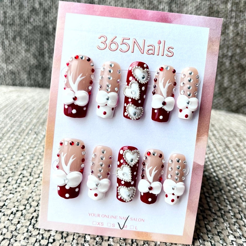 365nails: "진홍 벨벳 하트" – 수제 3D 리본 장식 아몬드형 네일