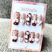 365nails: "진홍 벨벳 하트" – 수제 3D 리본 장식 아몬드형 네일
