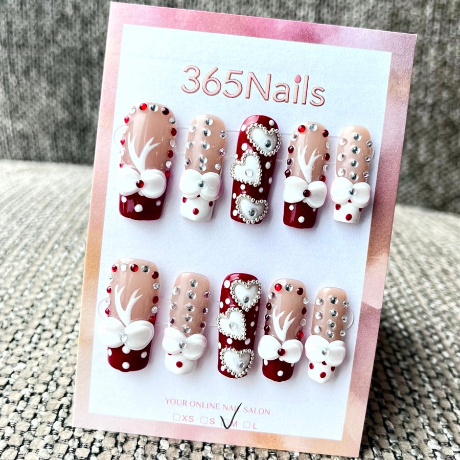 365nails: "진홍 벨벳 하트" – 수제 3D 리본 장식 아몬드형 네일