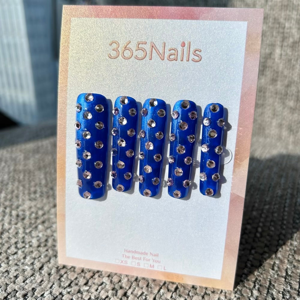 Sapphire Sparkle Press On Nails｜Royal Blue Long Square with Crystals | Starry Glitter · Sparkling Series