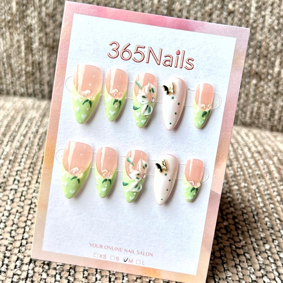 "Pastel Green Floral Butterfly" - Wholesale Ultra-Soft Flexible Fit Handmade Nails (MOQ=100)