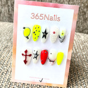 365nails: "Rebel Punk" 3D 십자가 & 해골 수제 미디엄 아몬드형 네일
