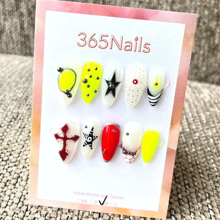 365nails: "Rebel Punk" – 3D Cross & Skull Handmade Medium Almond Nails