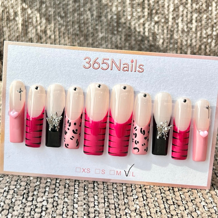 365nails 핑크 블랙 레오파드 나비 미디엄 사다리꼴형 수제 프레스온 네일