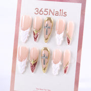 Nude and Gold Cross Press-On Nails with 3D Carved Details ( MOQ=5pcs )